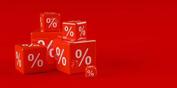 Different sized stacked red cubes or dice with percent sign symbol on red background, sale, discount or sales price reduction concept, 3D illustration