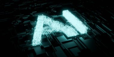 Koyu siyah bilgisayar teknolojisi çip arkaplanı üzerine parlayan yapay zeka işlemci konsepti, 3D illüstrasyon