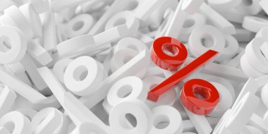 Üzerinde bir kırmızı, satış, indirim veya satış fiyat azaltma konsepti olan beyaz yüzde işareti sembolleri yığını, 3D illüstrasyon