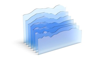 Beyaz arkaplan üzerinde katmanlı mavi şeffaf eğri grafikleri, finans sektörü veya soyut veri konsepti, 3D illüstrasyon