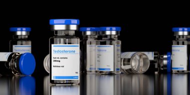 Siyah zemin üzerinde testosteron steroid şişeleri grubu, kas büyümesi için anabolik steroid, seçici odak, 3 boyutlu illüstrasyon