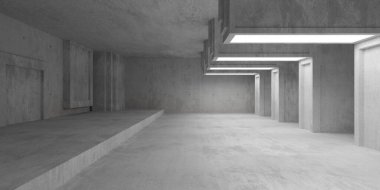 Soyut boş, aydınlatma panelleri ve pürüzlü zemini olan modern beton oda - endüstriyel iç plan şablonu, 3 boyutlu illüstrasyon