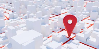 Kırmızı konum işaretleyici veya soyut beyaz şehir model arka planı üzerinde kırmızı yollar, seyahat, navigasyon, rota bulma veya GPS konumu, 3D illüstrasyon