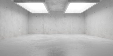 Sert zeminde tavanda iki dikdörtgen ışık bacası olan soyut modern beton oda - endüstriyel iç arka plan şablonu, 3D illüstrasyon