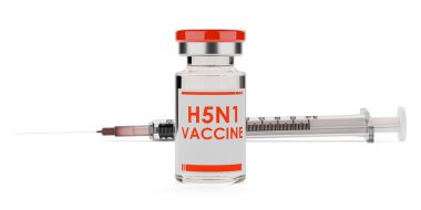 Beyaz arka planda H5N1 kuş gribi aşısı ve şırıngası olan şişe, 3 boyutlu illüstrasyon