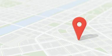 Soyut düz şehir haritası arka planı, seyahat, navigasyon, rota bulma veya GPS konumu üzerindeki kırmızı konum işaretleyici veya pin, 3D illüstrasyon