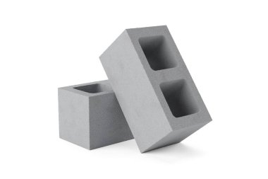 Beyaz zemin üzerinde iki gri beton ya da beton tuğla taş, inşaat, inşaat, inşaat veya inşaat endüstrisi konsepti, 3D illüstrasyon
