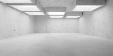 Çerçevelenmiş tavan lambaları ve kaba zemini olan soyut, boş, modern beton oda - endüstriyel iç plan şablonu, 3 boyutlu illüstrasyon