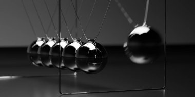 Newton 'un siyah arka planda hareket eden topu, fikri, dürtüsü veya başlangıç iş konsepti, seçici odak, 3 boyutlu illüstrasyon