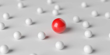 Beyaz zemin üzerinde beyaz küreler grubunda büyük kırmızı küre, lider, takım veya başarı iş konsepti, 3D illüstrasyon