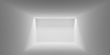 Boş, boş beyaz oda arkasında ışık açık, iç şablonu kopya alanı, 3 boyutlu çizim