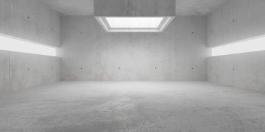 Soyut boş, modern beton oda kare tavan lambası ve duvar teneffüsleri ışıklar ve kaba zemin - endüstriyel iç arka plan şablonu, 3D illüstrasyon