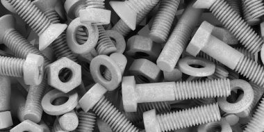 Çinko kaplama metal vidalar, somunlar, cıvatalar ve yıkama, yukarıdan düz bir görünüm, 3 boyutlu illüstrasyon