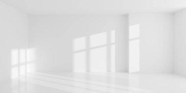 Boş beyaz oda arkaplanı, arka duvarda çift pencere gölgesi, teneffüs, modern iç şablon, 3 boyutlu illüstrasyon