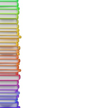 Beyaz arkaplan, eğitim, kütüphane veya okul arkaplan unsuru, 3D illüstrasyon, aşağıdan izole edilmiş gökkuşağı veya spektrum renkli ciltli kitaplar yığını