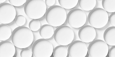 Rastgele ölçeklendirilmiş beyaz daireler veya silindirler arkaplan duvar kağıdı pankartı deseni, 3B illüstrasyon