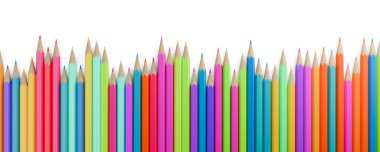 Renkli kalemlerin yatay satırları beyaz arkaplanda rastgele dengelenmiştir. Fotokopi alanı düzlüğü, okula dönüş, fikir veya yaratıcılık konsepti, 3D illüstrasyon