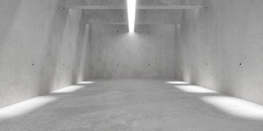 Soyut boş, modern beton oda ortadaki tavan lamba teli, yanlarda güneş ışığı gölgeleri ve kaba zemin - endüstriyel iç mekan şablonu, 3 boyutlu illüstrasyon