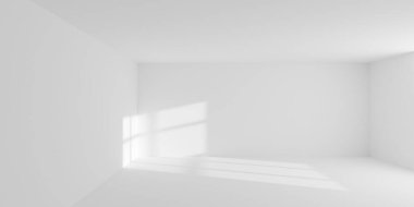 Duvarında pencere gölgesi olan boş beyaz oda arkaplanı, modern iç şablon, 3 boyutlu illüstrasyon