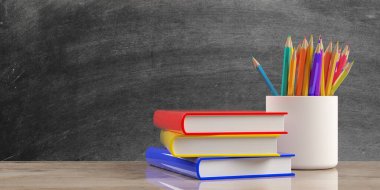 Tahta zemin, eğitim veya okul konseptine geri dönüş, seçici odak, 3D illüstrasyon ile ahşap masa üzerinde renkli kalemler kalem tutacağı yanında kitap yığını