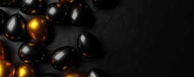 Siyah ve altın balonlar siyah taş zemin üzerinde fotokopi alanı, siyah cuma bayrak şablonu, 3D illüstrasyon