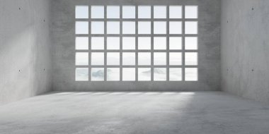 Soyut boş, modern beton oda arkasında ızgara pencere açıkları, kaba zemin ve bulutlu dağ manzarası - endüstriyel iç mekan şablonu, 3 boyutlu illüstrasyon