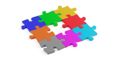 Beyaz arkaplan, beyin fırtınası, yazılım modülü ya da iş takım çalışması konsepti üzerine çok renkli yapboz parçalarının dairesel düzenlenmesi, 3D illüstrasyon