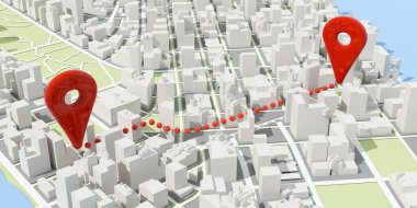İki kırmızı konum işareti ve soyut şehir model arka planı, seyahat, navigasyon, rota bulma veya GPS konsepti, 3D illüstrasyon