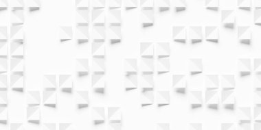 Beyaz arka plan duvar kağıdı pankartıyla katlanmış küçük beyaz seyrek düzlem kareleri yukarıdan düz, 3D illüstrasyon