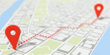 İki kırmızı konum işareti ve soyut düz şehir haritası arkaplanı, seyahat, navigasyon, rota bulma veya GPS konumu, seçici odak, 3D illüstrasyon