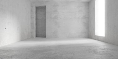 Soyut, boş, sağında pencere olan modern beton oda, arka tarafında oyuk ve kaba zemin - endüstriyel iç arka plan şablonu, 3 boyutlu illüstrasyon