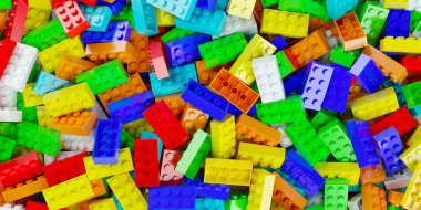 Renkli plastik oyuncak yığınları, tuğlalar ya da bloklar, çocukluk ya da oyun arkaplanı, düz üst görünüm, 3D illüstrasyon