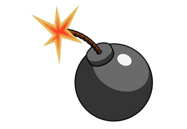 Toon gölgeli çizgi film veya çizgi roman bombası fitilli kıvılcımlar beyaz arka planda izole edilmiş, tehdit, risk veya tehlike konsepti, 3 boyutlu illüstrasyon