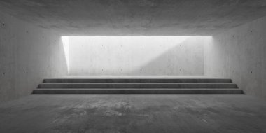 Geniş merdivenli, soyut, modern beton oda. Üst ve kaba kattan dolaylı ışık. Endüstriyel iç mekan şablonu, 3 boyutlu illüstrasyon.