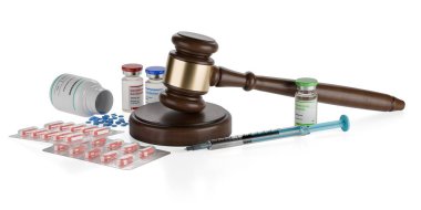 Wooden gavel, judges hammer or mallet with pills, vials and syringe steroids on white background, anabolic steroid misuse, law, legal or court symbol or concept, 3D illustration clipart