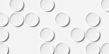 Büyük beyaz kıvrımlı daireler veya kâseler seyrek dağılmış geometri arka plan duvar kağıdı afişi, düz döşeme, üç boyutlu illüstrasyon