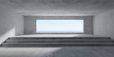 Soyut boş, modern beton oda arkada geniş merdivenler, okyanus manzaralı pencere ve kaba zemin - endüstriyel iç mekan şablonu, 3 boyutlu resimleme