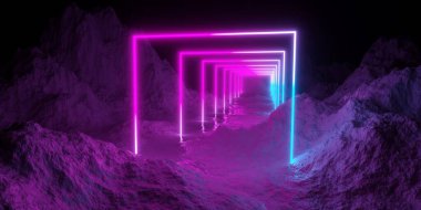 Mountain terrain landscape with pink and blue neon light glowing rectangles or squares tunnel, retro technology or futuristic alien background template, 3D illustration clipart