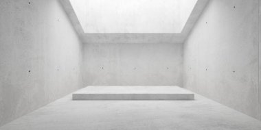 Soyut modern beton oda açılı aydınlatma şaftı, dikdörtgen podyum veya kürsü ve kaba zemin - endüstriyel iç arka plan şablonu, 3D illüstrasyon