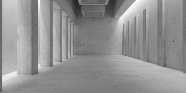 Soyut boş, modern beton oda sütunlar, tavan ışıkları ve kaba zemin - endüstriyel iç plan şablonu, 3D illüstrasyon