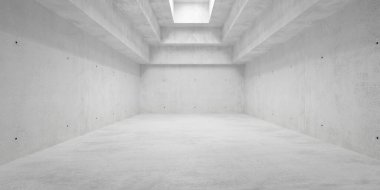 Dikdörtgen basamaklı tavanı ve pürüzlü zemini olan soyut modern beton oda - endüstriyel iç plan şablonu, 3 boyutlu illüstrasyon