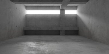 Soyut boş, modern beton oda arka duvarında pencere açık, sütunlar, kirişler ve kaba zemin - endüstriyel iç mekan şablonu, 3 boyutlu illüstrasyon