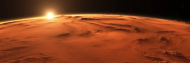 Güneş ve dağlarla kaplı kızıl gezegen Mars 'ın günbatımı ya da gündoğumu, bilim ya da uzay keşfi arka planı, 3 boyutlu illüstrasyon
