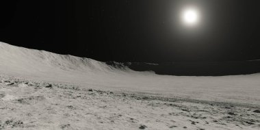 Ay 'ın içinde güneşli bir krater, dağlı bir ay krateri manzarası, kopyalama alanı, 3 boyutlu illüstrasyon