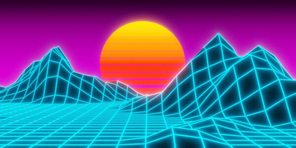 Ретро-светящийся голубой неоновый ландшафт с горами, солнцем и фиолетовым небом, синтетическая волна или ретушь 80-х годов минимальный геометрический фон, 3D иллюстрация
