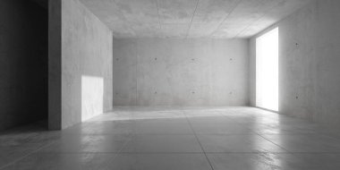 Soyut, boş, modern beton oda. Sağ ve fayanslı zemin kapısı var. Endüstriyel iç mekan şablonu, 3 boyutlu resimleme.