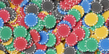 Kırmızı, mavi, sarı ve yeşil poker çipleri yığını veya düz görünüm arka planı, 3D illüstrasyon