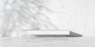 Soyut boş, modern beton bina beton bank ve ağaç gölgesi - endüstriyel arka plan şablonu, üç boyutlu illüstrasyon