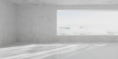 Soyut boş, modern beton oda, arka duvarda pencere açık, bulutlu dağ arka planı ve ağaç gölgesi - endüstriyel iç plan şablonu, 3 boyutlu resimleme