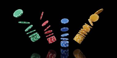 Uçan kırmızı, mavi, yeşil ve sarı poker fişleri veya siyah arkaplan üzerindeki jetonlar, 3D illüstrasyon